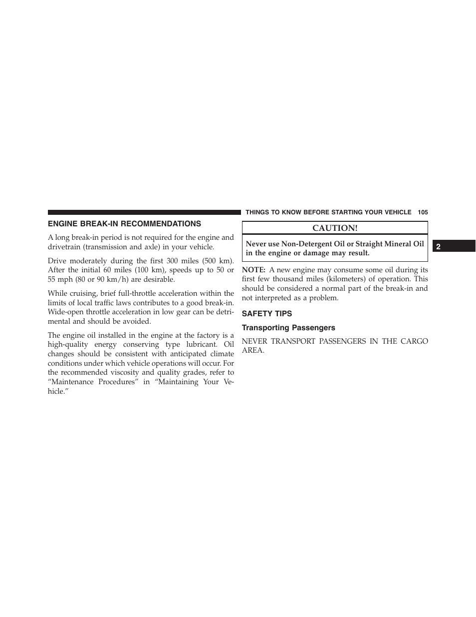 Engine break-in recommendations, Safety tips, Transporting passengers | Ram Trucks 2015 Cargo Van Commercial - Owner Manual User Manual | Page 107 / 671