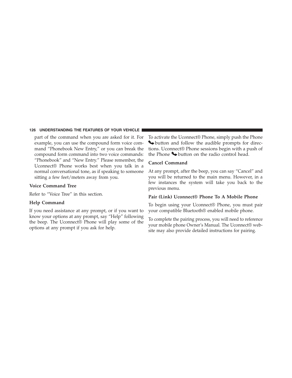 Voice command tree, Help command, Cancel command | Pair (link) uconnect® phone to a mobile phone | Ram Trucks 2015 Cargo Van Commercial - Owner Manual User Manual | Page 128 / 671