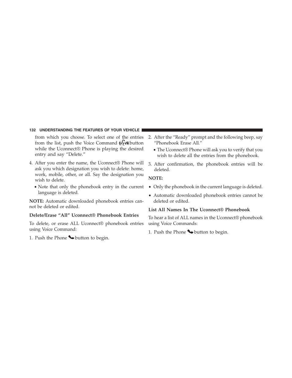 Delete/erase “all” uconnect® phonebook entries, List all names in the uconnect® phonebook | Ram Trucks 2015 Cargo Van Commercial - Owner Manual User Manual | Page 134 / 671