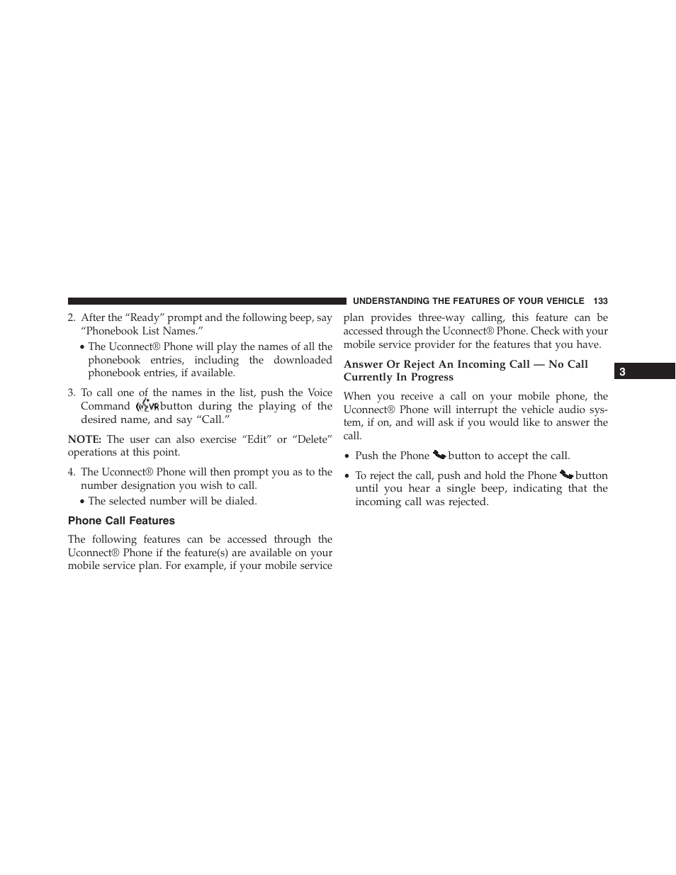 Phone call features | Ram Trucks 2015 Cargo Van Commercial - Owner Manual User Manual | Page 135 / 671