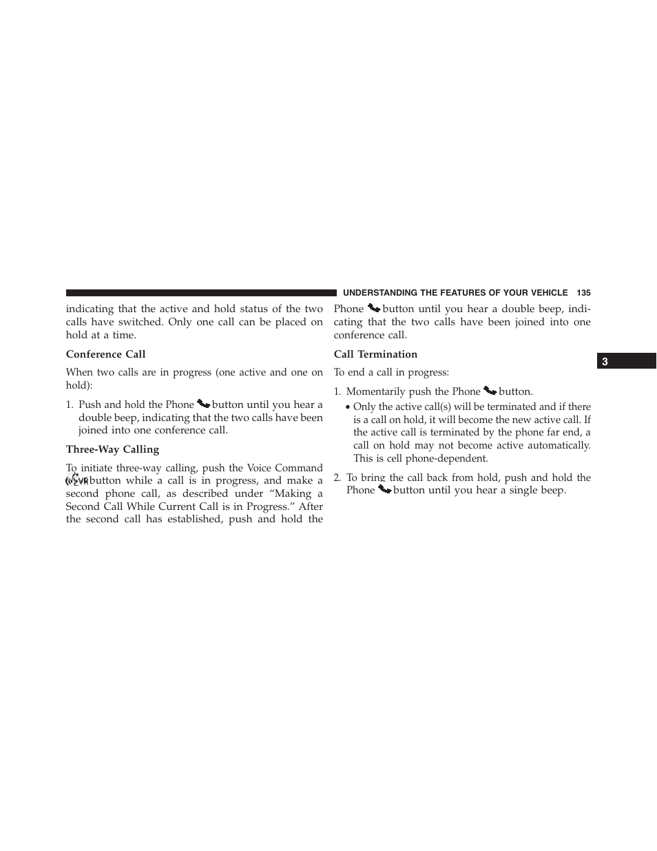 Conference call, Three-way calling, Call termination | Ram Trucks 2015 Cargo Van Commercial - Owner Manual User Manual | Page 137 / 671