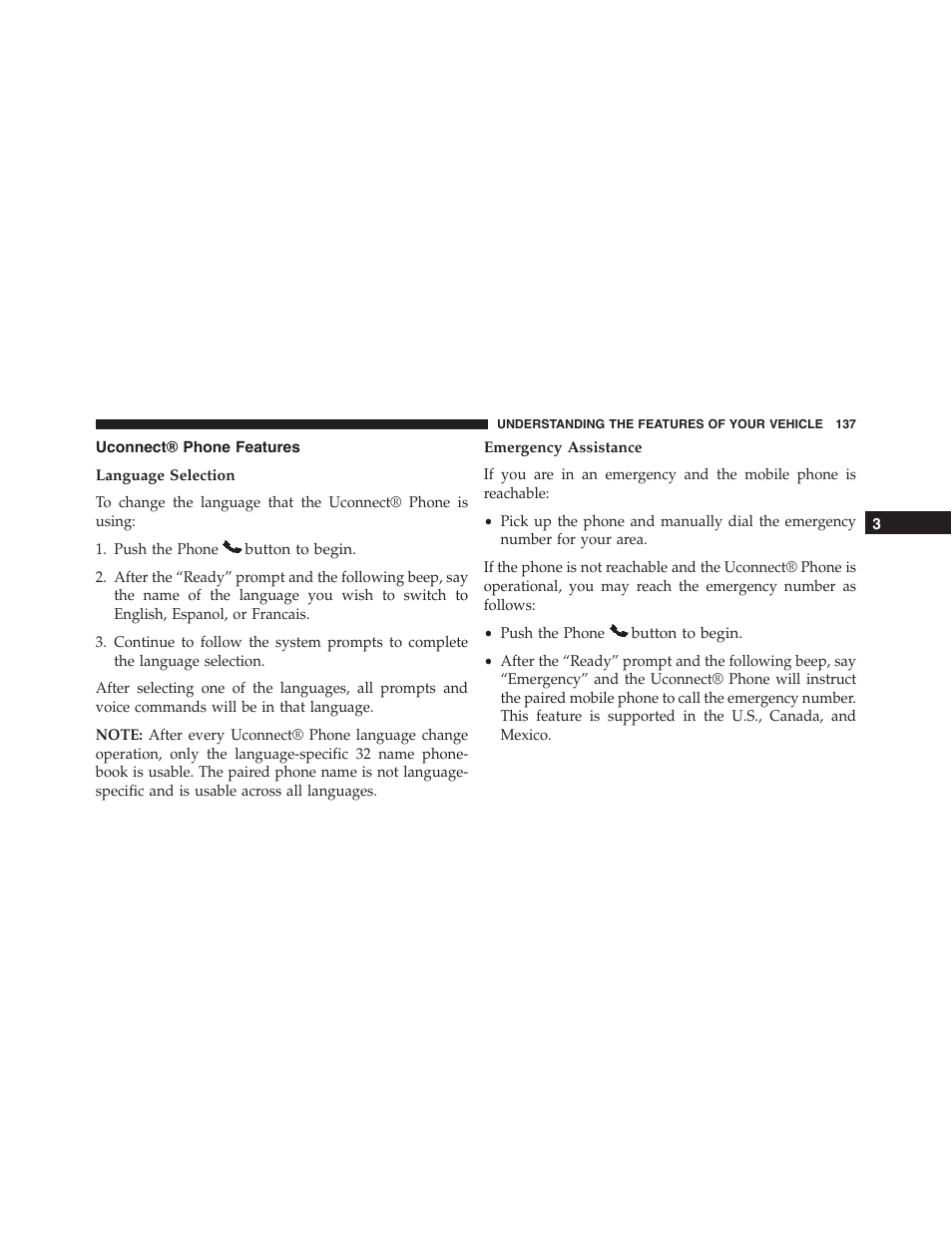 Uconnect® phone features, Language selection, Emergency assistance | Ram Trucks 2015 Cargo Van Commercial - Owner Manual User Manual | Page 139 / 671