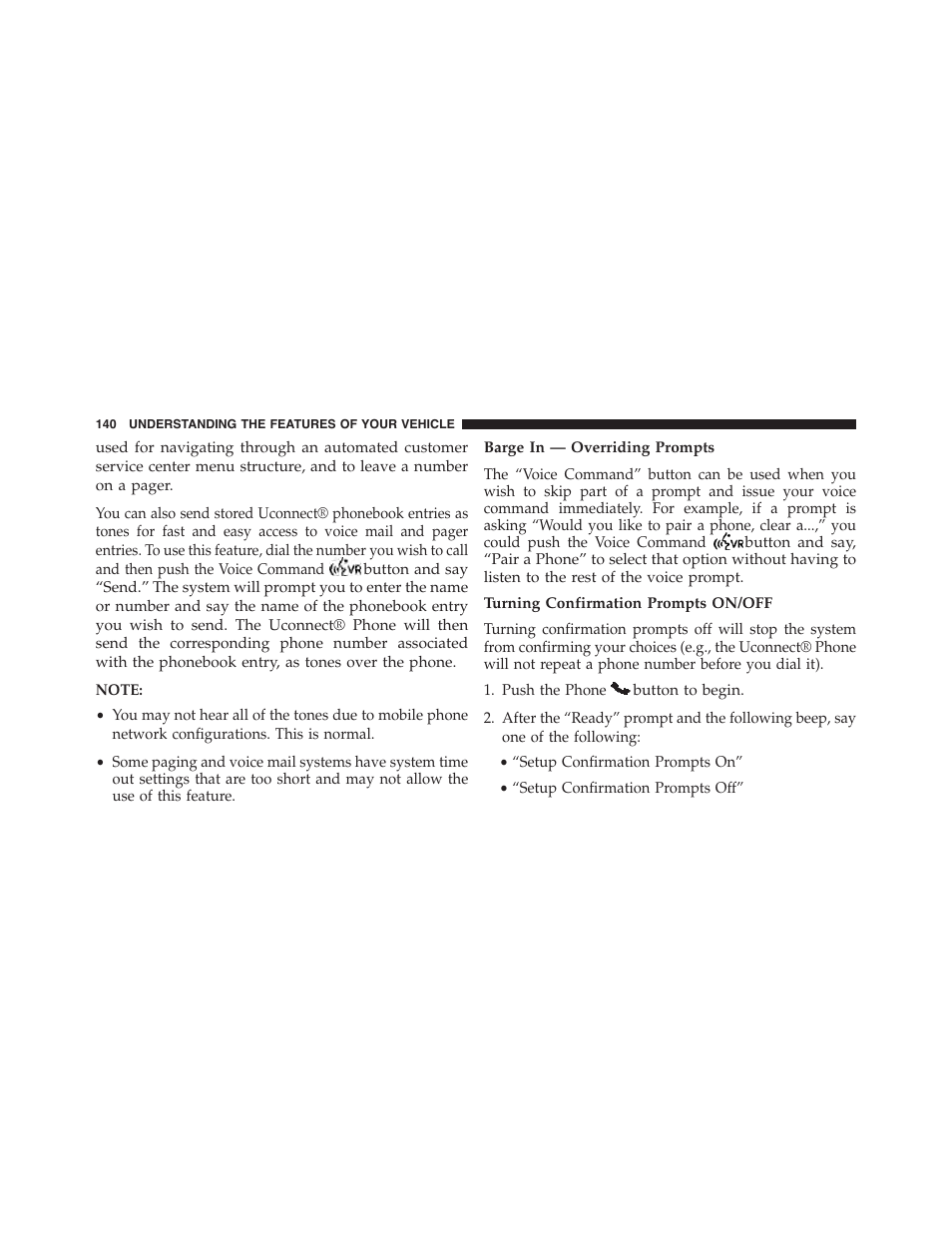 Barge in — overriding prompts, Turning confirmation prompts on/off | Ram Trucks 2015 Cargo Van Commercial - Owner Manual User Manual | Page 142 / 671