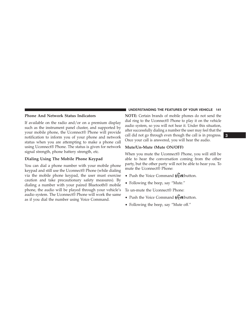 Phone and network status indicators, Dialing using the mobile phone keypad, Mute/un-mute (mute on/off) | Ram Trucks 2015 Cargo Van Commercial - Owner Manual User Manual | Page 143 / 671