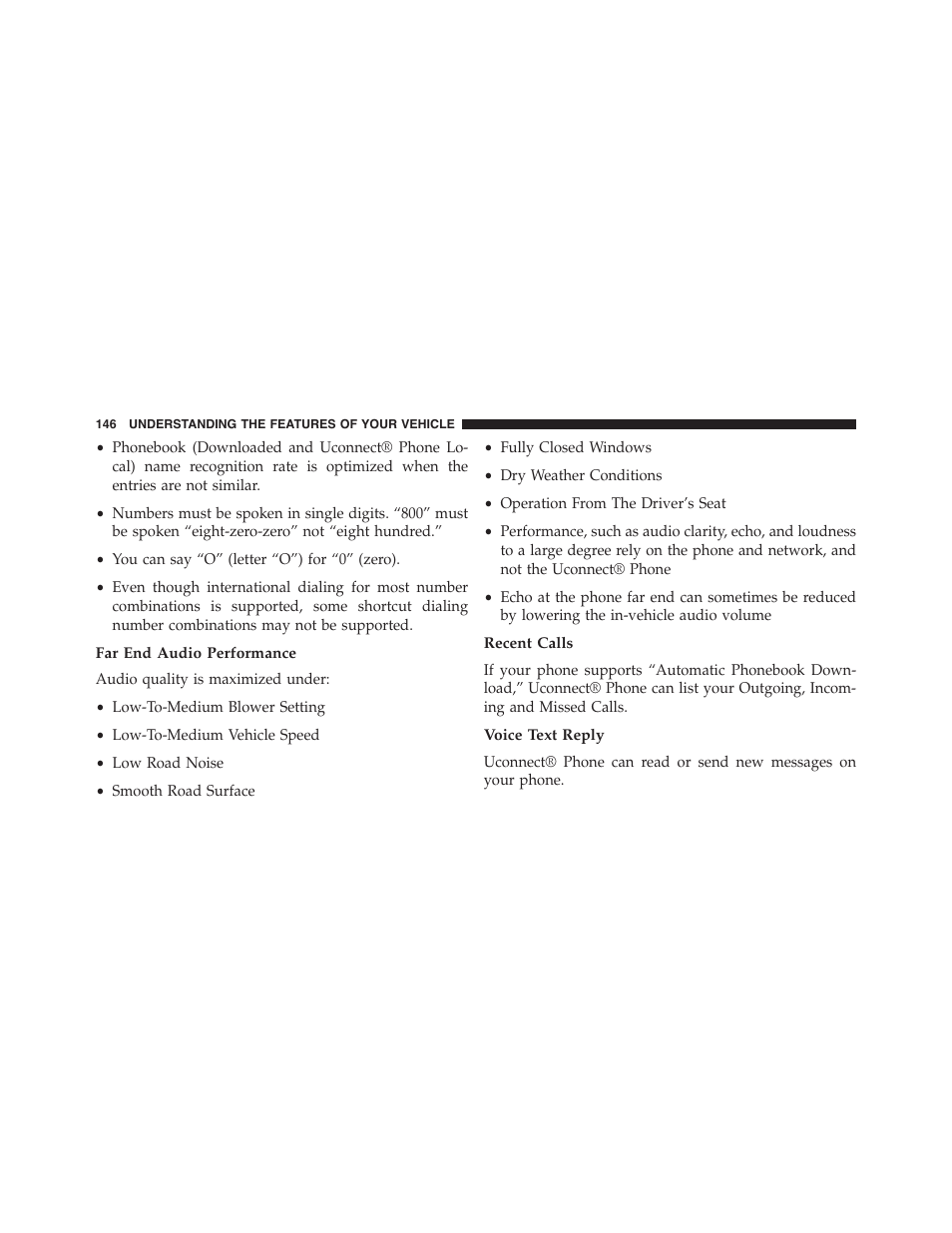 Far end audio performance, Recent calls, Voice text reply | Ram Trucks 2015 Cargo Van Commercial - Owner Manual User Manual | Page 148 / 671