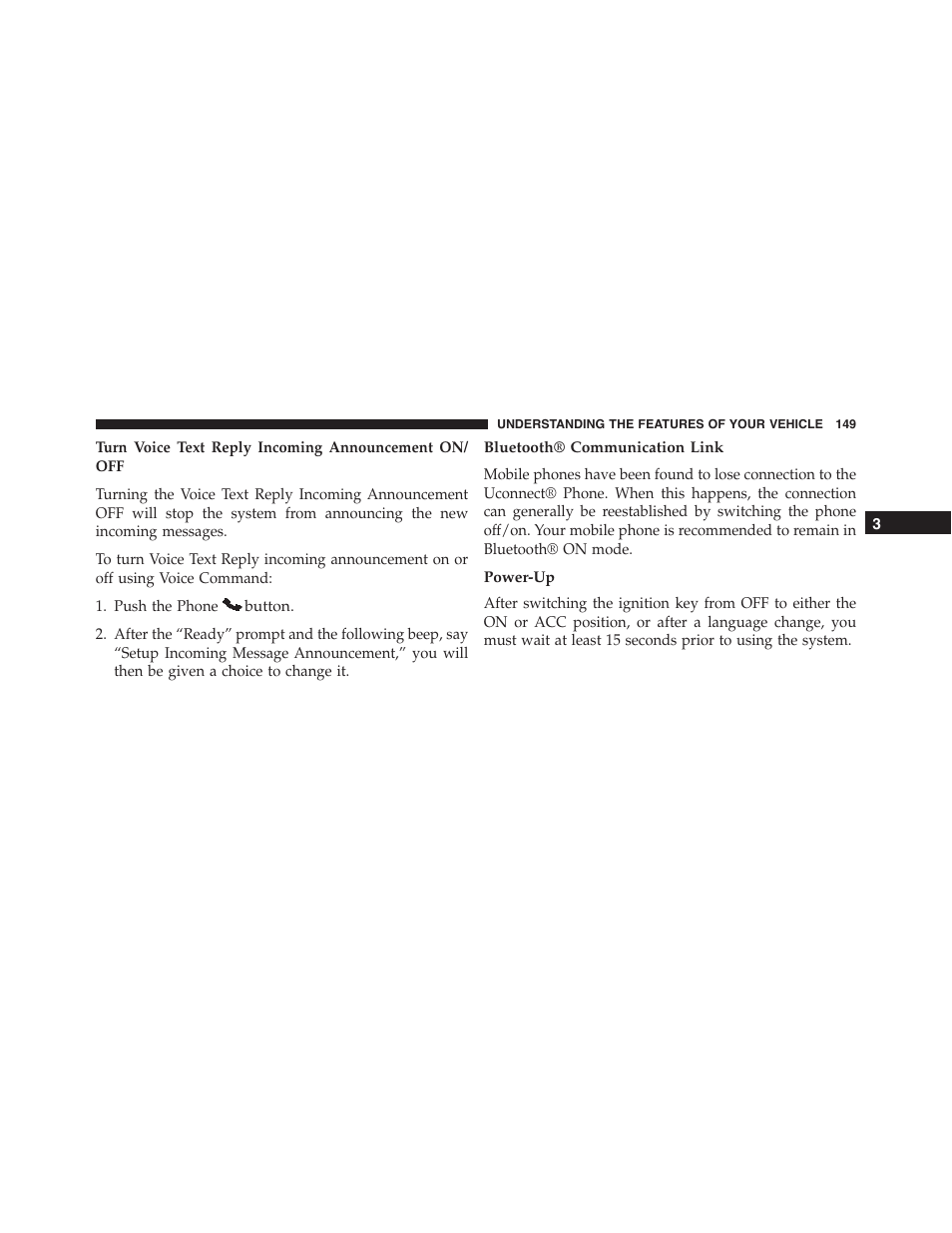 Bluetooth® communication link, Power-up | Ram Trucks 2015 Cargo Van Commercial - Owner Manual User Manual | Page 151 / 671