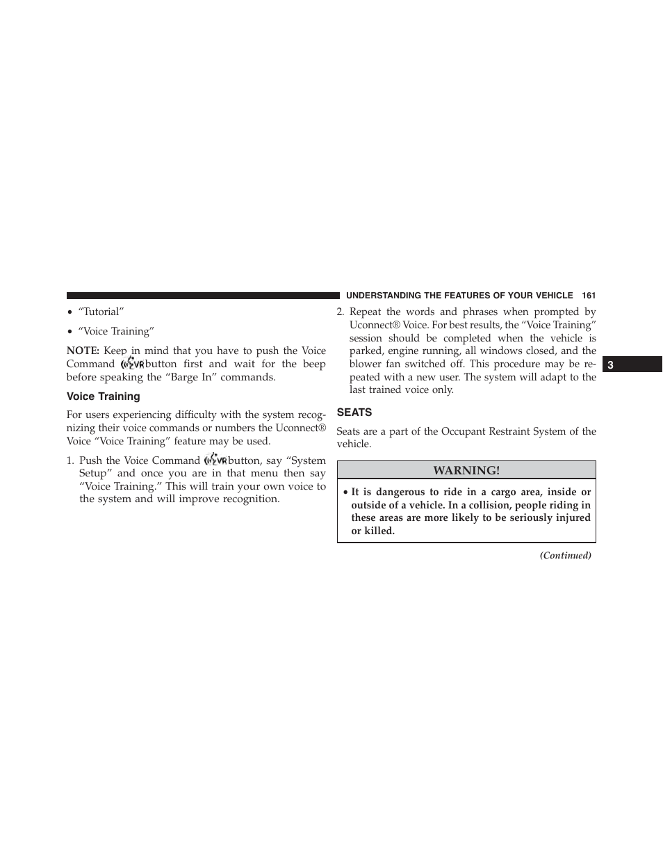 Voice training, Seats | Ram Trucks 2015 Cargo Van Commercial - Owner Manual User Manual | Page 163 / 671