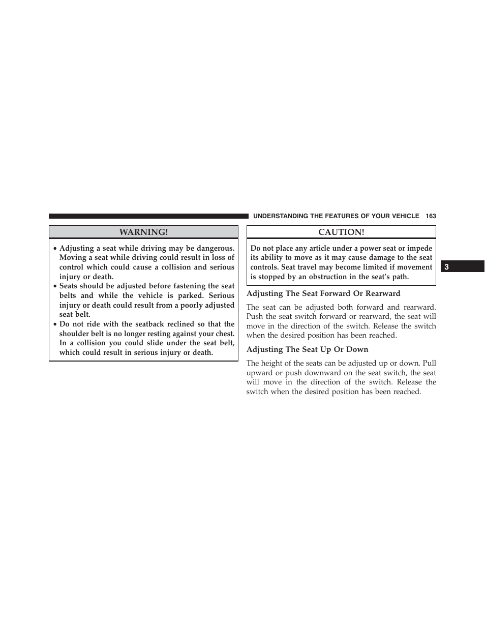 Adjusting the seat forward or rearward, Adjusting the seat up or down | Ram Trucks 2015 Cargo Van Commercial - Owner Manual User Manual | Page 165 / 671
