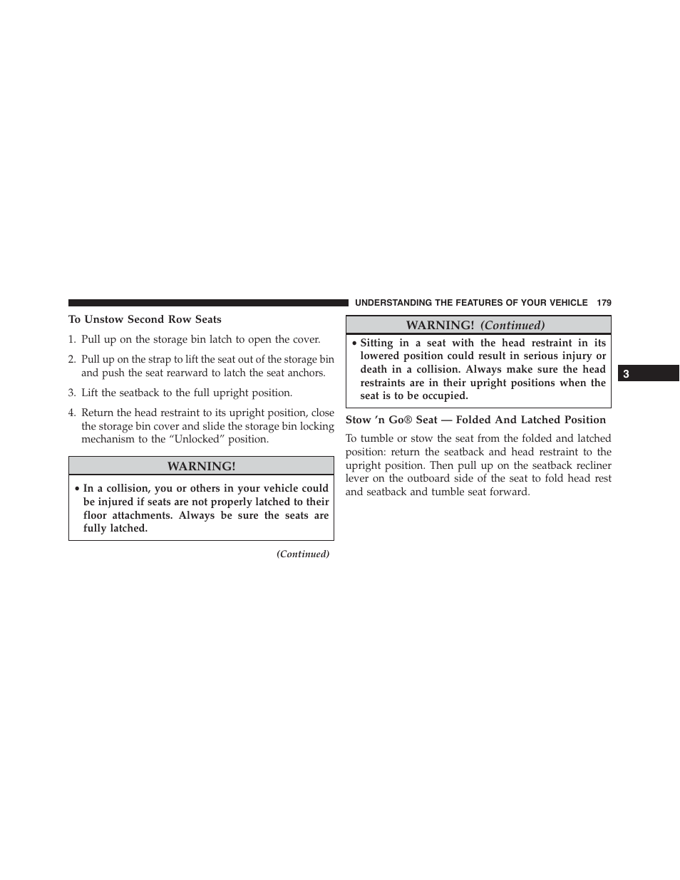 To unstow second row seats, Stow 'n go® seat — folded and latched position | Ram Trucks 2015 Cargo Van Commercial - Owner Manual User Manual | Page 181 / 671