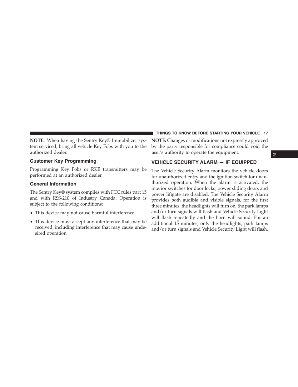 Customer key programming, General information, Vehicle security alarm — if equipped | Ram Trucks 2015 Cargo Van Commercial - Owner Manual User Manual | Page 19 / 671