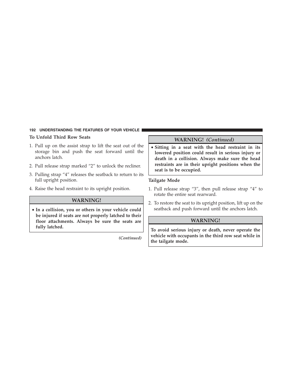 To unfold third row seats, Tailgate mode | Ram Trucks 2015 Cargo Van Commercial - Owner Manual User Manual | Page 194 / 671