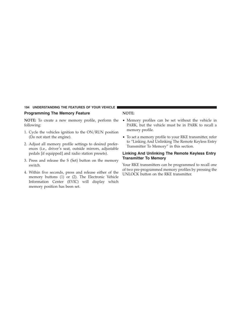 Programming the memory feature, Linking and unlinking the remote keyless, Entry transmitter to memory | Ram Trucks 2015 Cargo Van Commercial - Owner Manual User Manual | Page 196 / 671