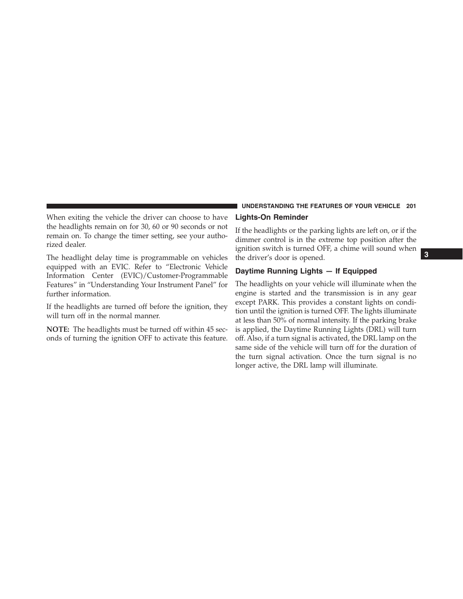 Lights-on reminder, Daytime running lights — if equipped | Ram Trucks 2015 Cargo Van Commercial - Owner Manual User Manual | Page 203 / 671