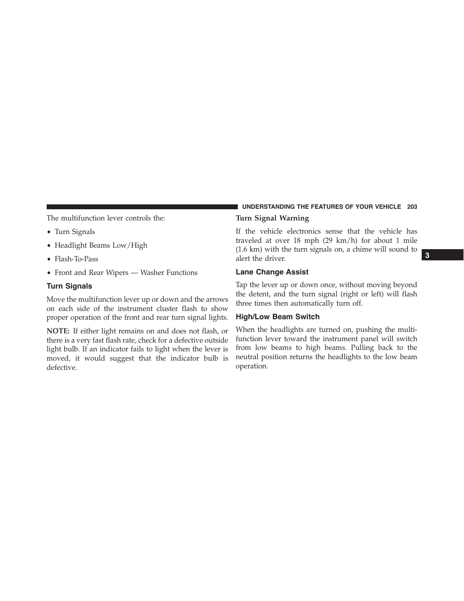 Turn signals, Turn signal warning, Lane change assist | High/low beam switch | Ram Trucks 2015 Cargo Van Commercial - Owner Manual User Manual | Page 205 / 671