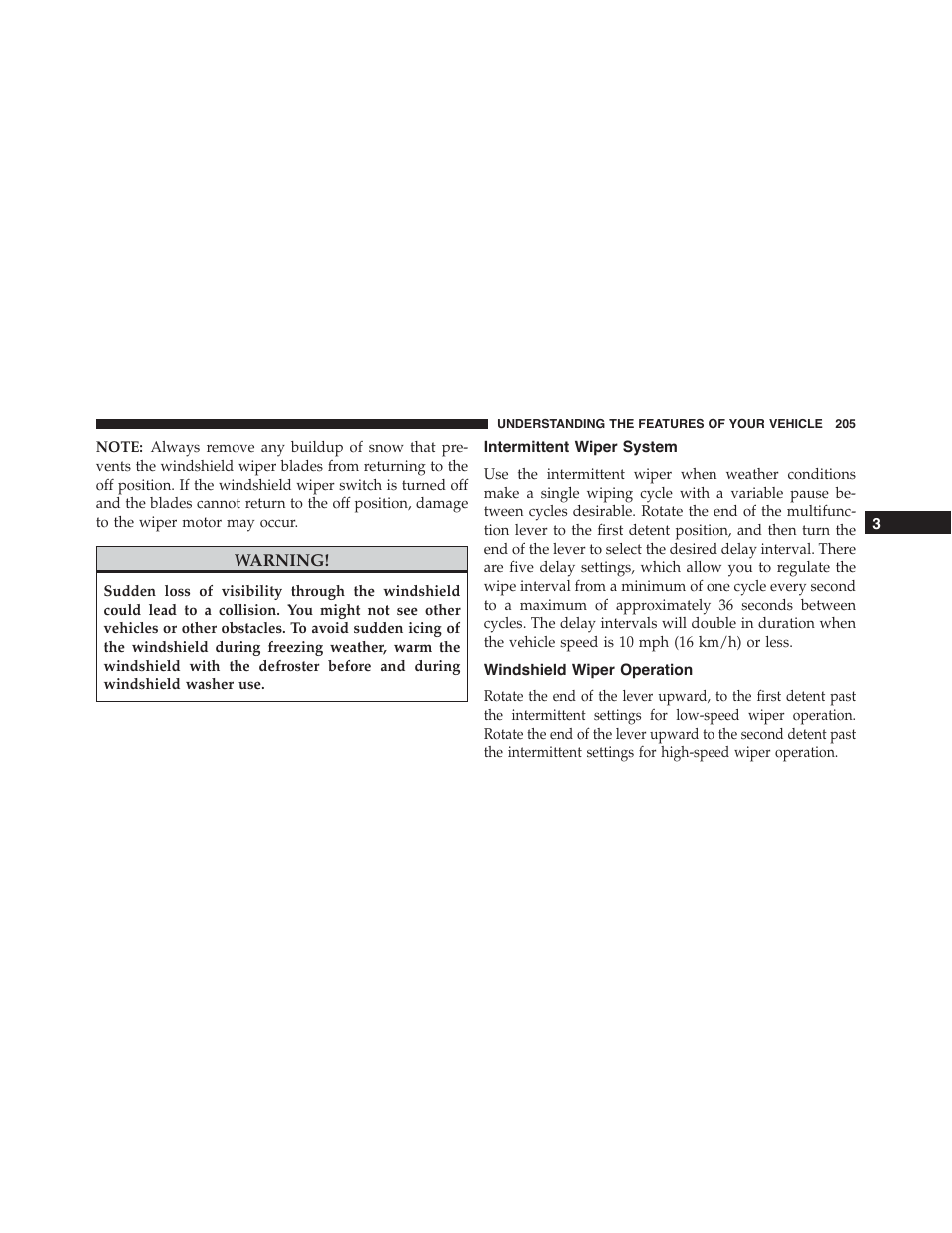 Intermittent wiper system, Windshield wiper operation | Ram Trucks 2015 Cargo Van Commercial - Owner Manual User Manual | Page 207 / 671
