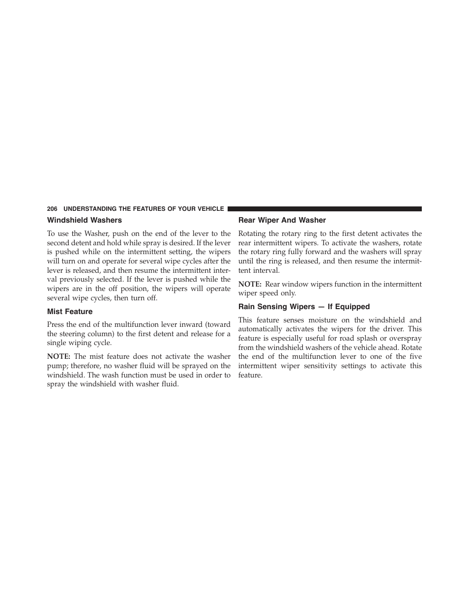 Windshield washers, Mist feature, Rear wiper and washer | Rain sensing wipers — if equipped | Ram Trucks 2015 Cargo Van Commercial - Owner Manual User Manual | Page 208 / 671