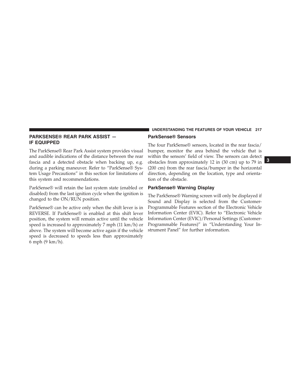 Parksense® rear park assist — if equipped, Parksense® sensors, Parksense® warning display | Parksense® rear park assist, If equipped | Ram Trucks 2015 Cargo Van Commercial - Owner Manual User Manual | Page 219 / 671