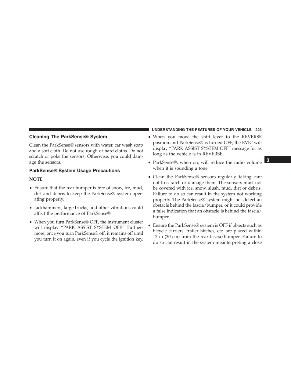 Cleaning the parksense® system, Parksense® system usage precautions | Ram Trucks 2015 Cargo Van Commercial - Owner Manual User Manual | Page 225 / 671
