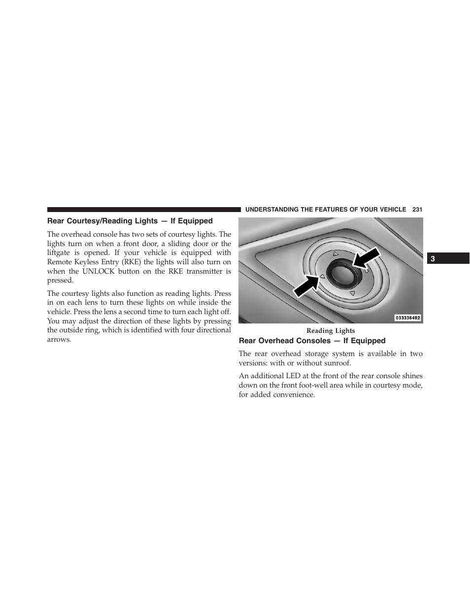 Rear courtesy/reading lights — if equipped, Rear overhead consoles — if equipped | Ram Trucks 2015 Cargo Van Commercial - Owner Manual User Manual | Page 233 / 671
