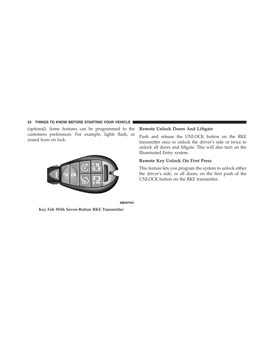 Remote unlock doors and liftgate, Remote key unlock on first press | Ram Trucks 2015 Cargo Van Commercial - Owner Manual User Manual | Page 24 / 671