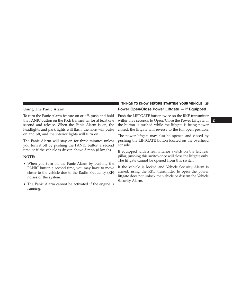 Using the panic alarm, Power open/close power liftgate — if equipped, Power open/close power liftgate — if | Equipped | Ram Trucks 2015 Cargo Van Commercial - Owner Manual User Manual | Page 27 / 671