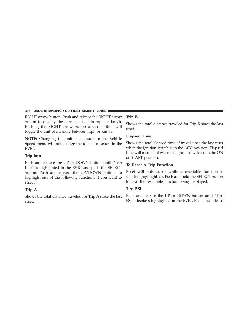 Trip info, Trip a, Trip b | Elapsed time, To reset a trip function, Tire psi | Ram Trucks 2015 Cargo Van Commercial - Owner Manual User Manual | Page 318 / 671