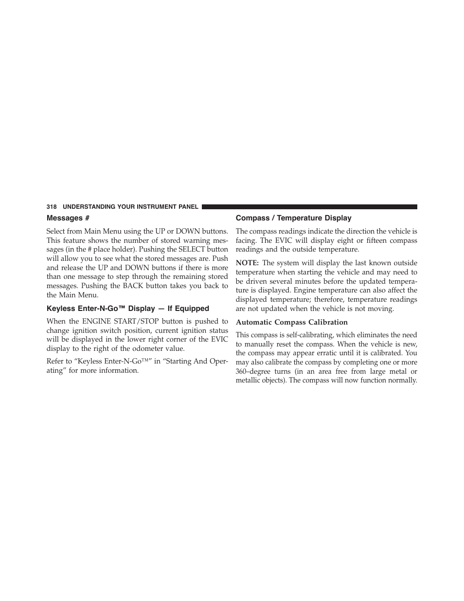 Messages, Keyless enter-n-go™ display — if equipped, Compass / temperature display | Automatic compass calibration | Ram Trucks 2015 Cargo Van Commercial - Owner Manual User Manual | Page 320 / 671