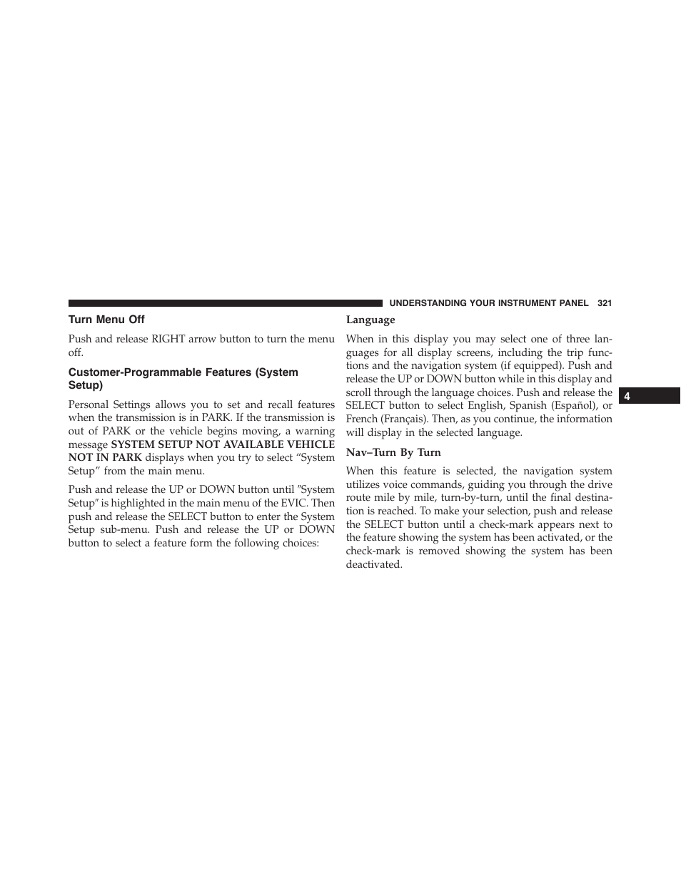Turn menu off, Customer-programmable features (system setup), Language | Nav–turn by turn, Customer-programmable features, System setup) | Ram Trucks 2015 Cargo Van Commercial - Owner Manual User Manual | Page 323 / 671