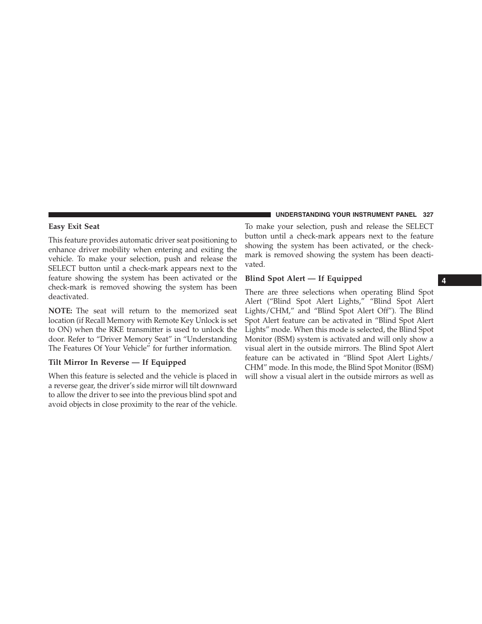 Easy exit seat, Tilt mirror in reverse — if equipped, Blind spot alert — if equipped | Ram Trucks 2015 Cargo Van Commercial - Owner Manual User Manual | Page 329 / 671