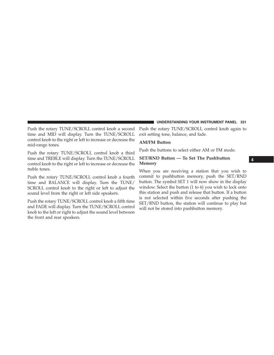 Am/fm button, Set/rnd button — to set the pushbutton memory | Ram Trucks 2015 Cargo Van Commercial - Owner Manual User Manual | Page 333 / 671