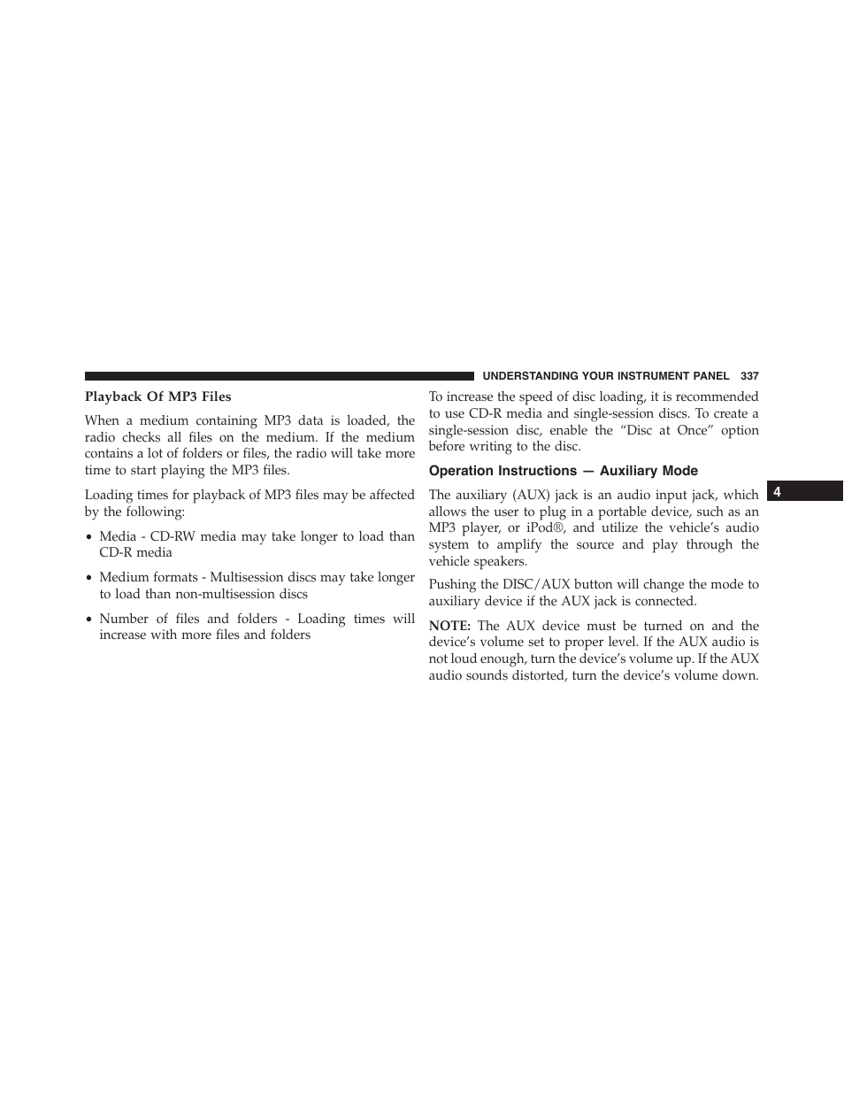 Playback of mp3 files, Operation instructions — auxiliary mode | Ram Trucks 2015 Cargo Van Commercial - Owner Manual User Manual | Page 339 / 671