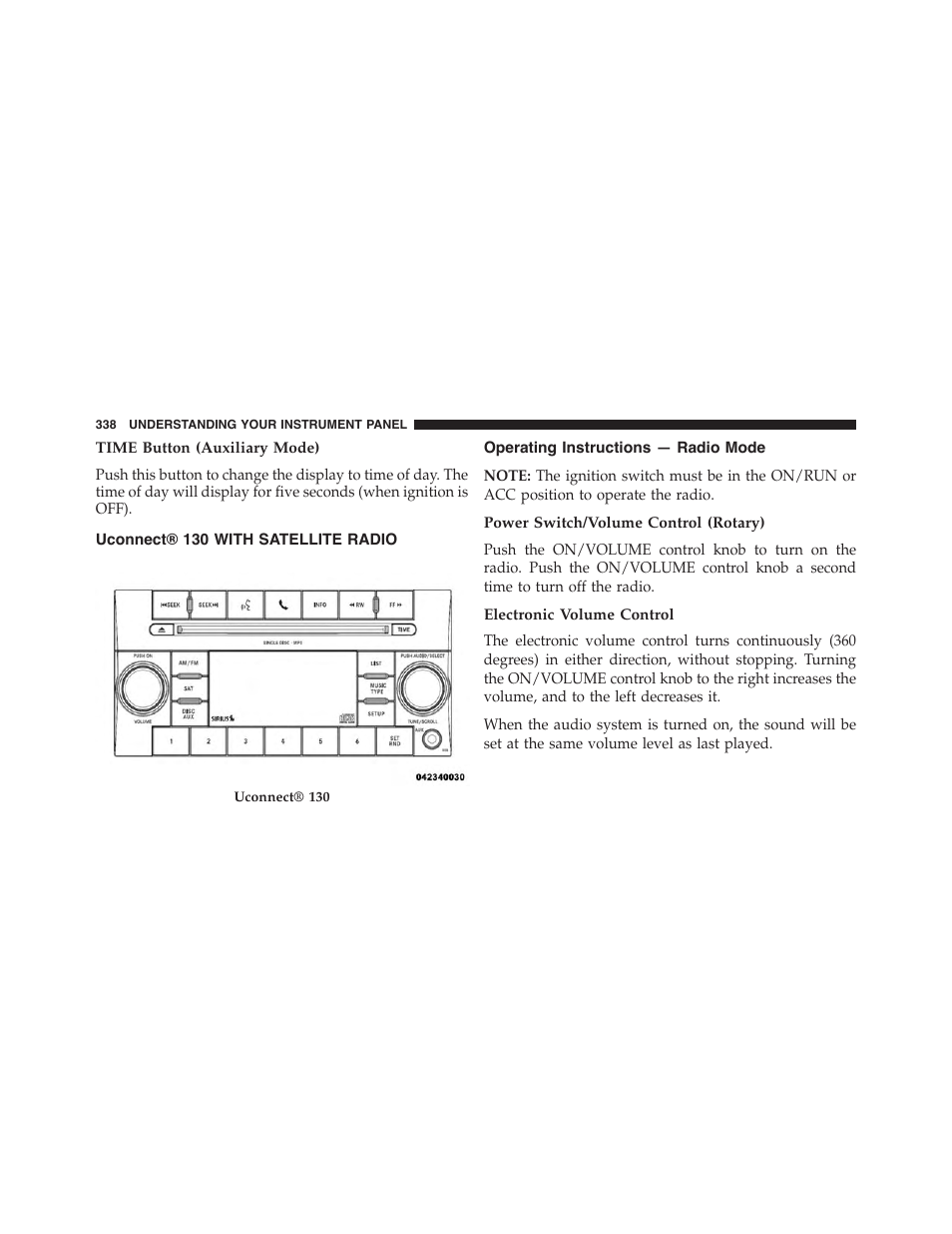 Time button (auxiliary mode), Uconnect® 130 with satellite radio, Operating instructions — radio mode | Power switch/volume control (rotary), Electronic volume control | Ram Trucks 2015 Cargo Van Commercial - Owner Manual User Manual | Page 340 / 671