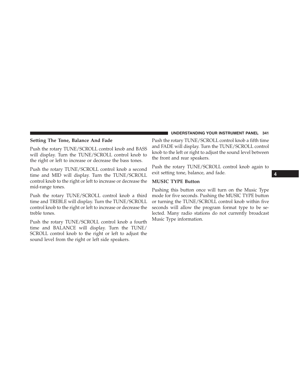 Setting the tone, balance and fade, Music type button | Ram Trucks 2015 Cargo Van Commercial - Owner Manual User Manual | Page 343 / 671