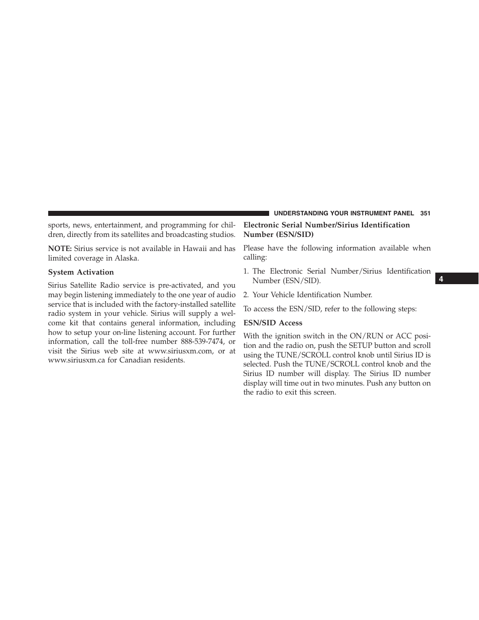 System activation, Esn/sid access | Ram Trucks 2015 Cargo Van Commercial - Owner Manual User Manual | Page 353 / 671