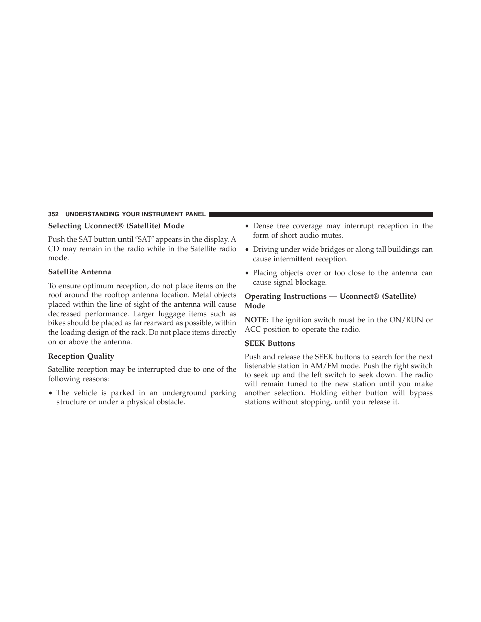 Selecting uconnect® (satellite) mode, Satellite antenna, Reception quality | Seek buttons | Ram Trucks 2015 Cargo Van Commercial - Owner Manual User Manual | Page 354 / 671