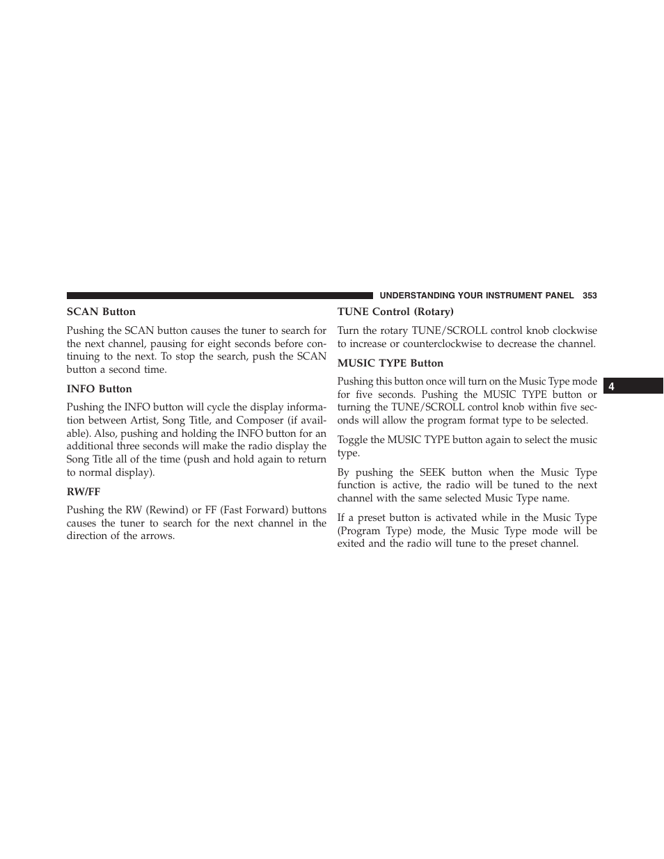 Scan button, Info button, Rw/ff | Tune control (rotary), Music type button | Ram Trucks 2015 Cargo Van Commercial - Owner Manual User Manual | Page 355 / 671