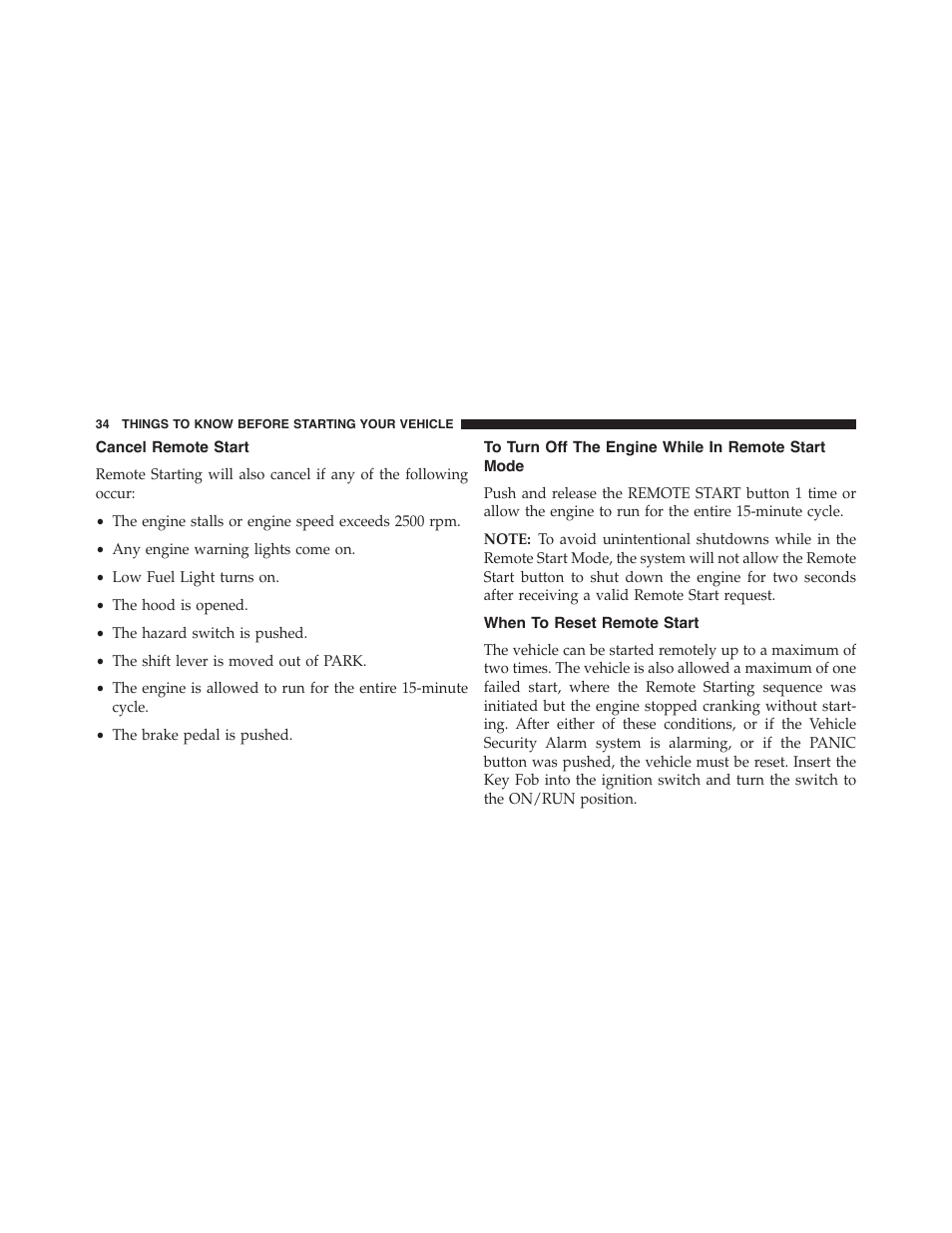 Cancel remote start, To turn off the engine while in remote start mode, When to reset remote start | To turn off the engine while in remote start, Mode | Ram Trucks 2015 Cargo Van Commercial - Owner Manual User Manual | Page 36 / 671