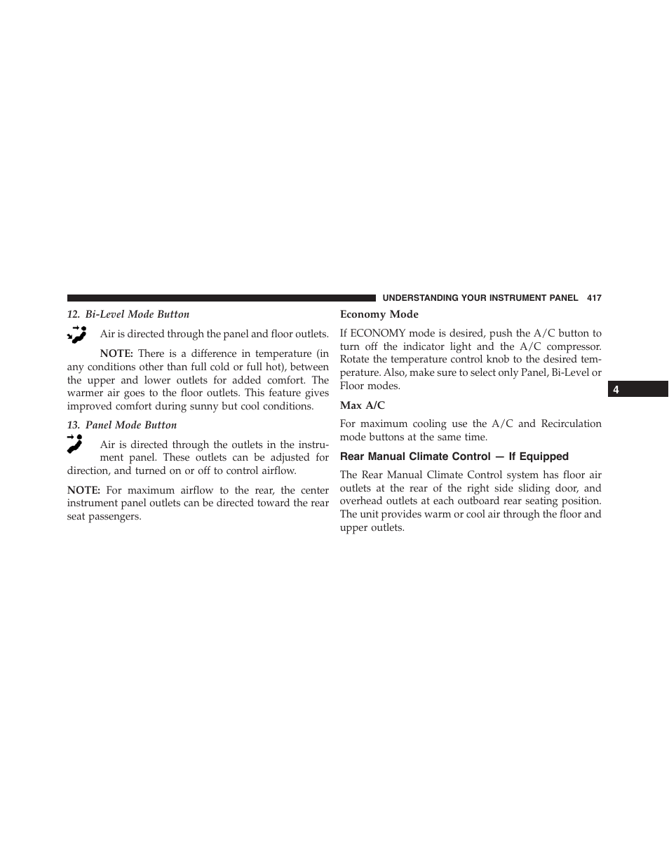 Economy mode, Max a/c, Rear manual climate control — if equipped | Ram Trucks 2015 Cargo Van Commercial - Owner Manual User Manual | Page 419 / 671