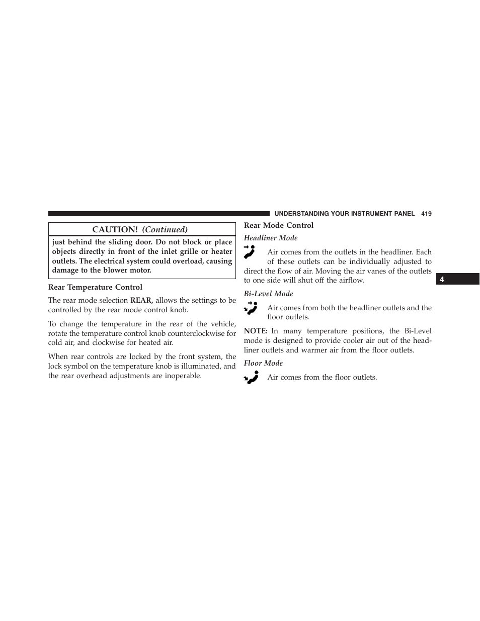 Rear temperature control, Rear mode control | Ram Trucks 2015 Cargo Van Commercial - Owner Manual User Manual | Page 421 / 671