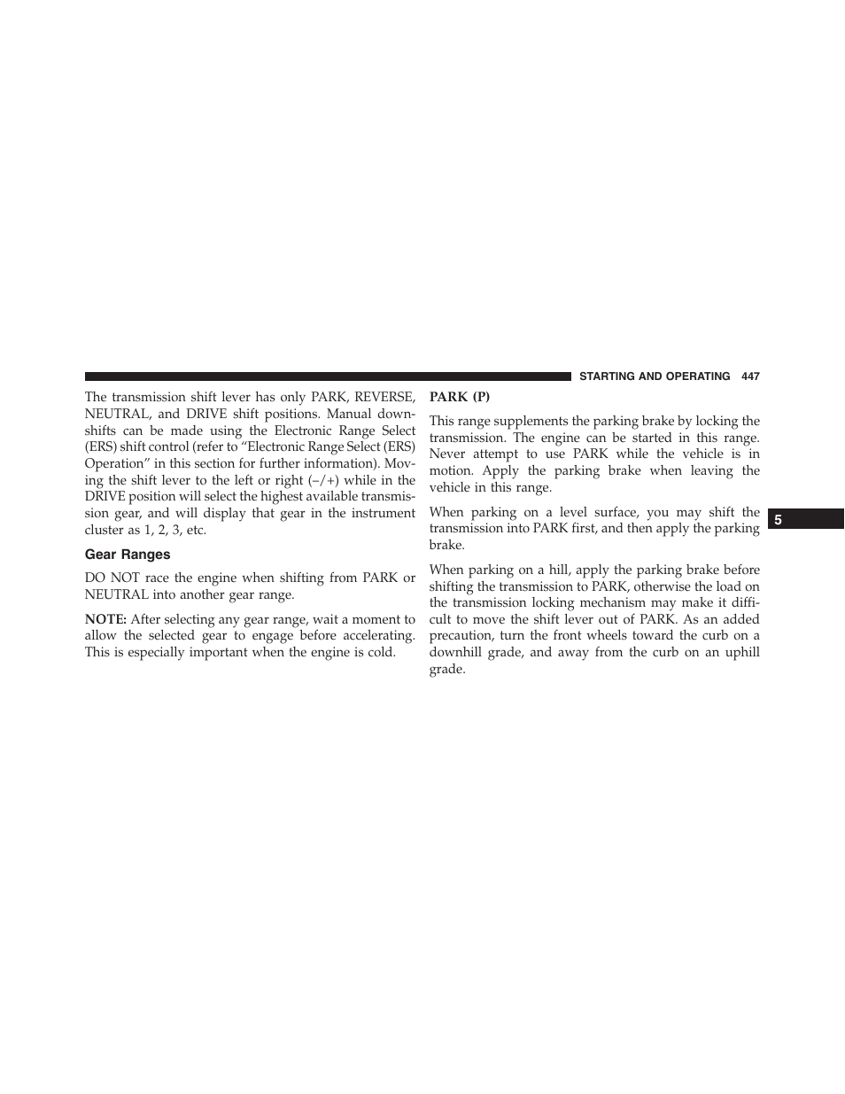 Gear ranges, Park (p) | Ram Trucks 2015 Cargo Van Commercial - Owner Manual User Manual | Page 449 / 671