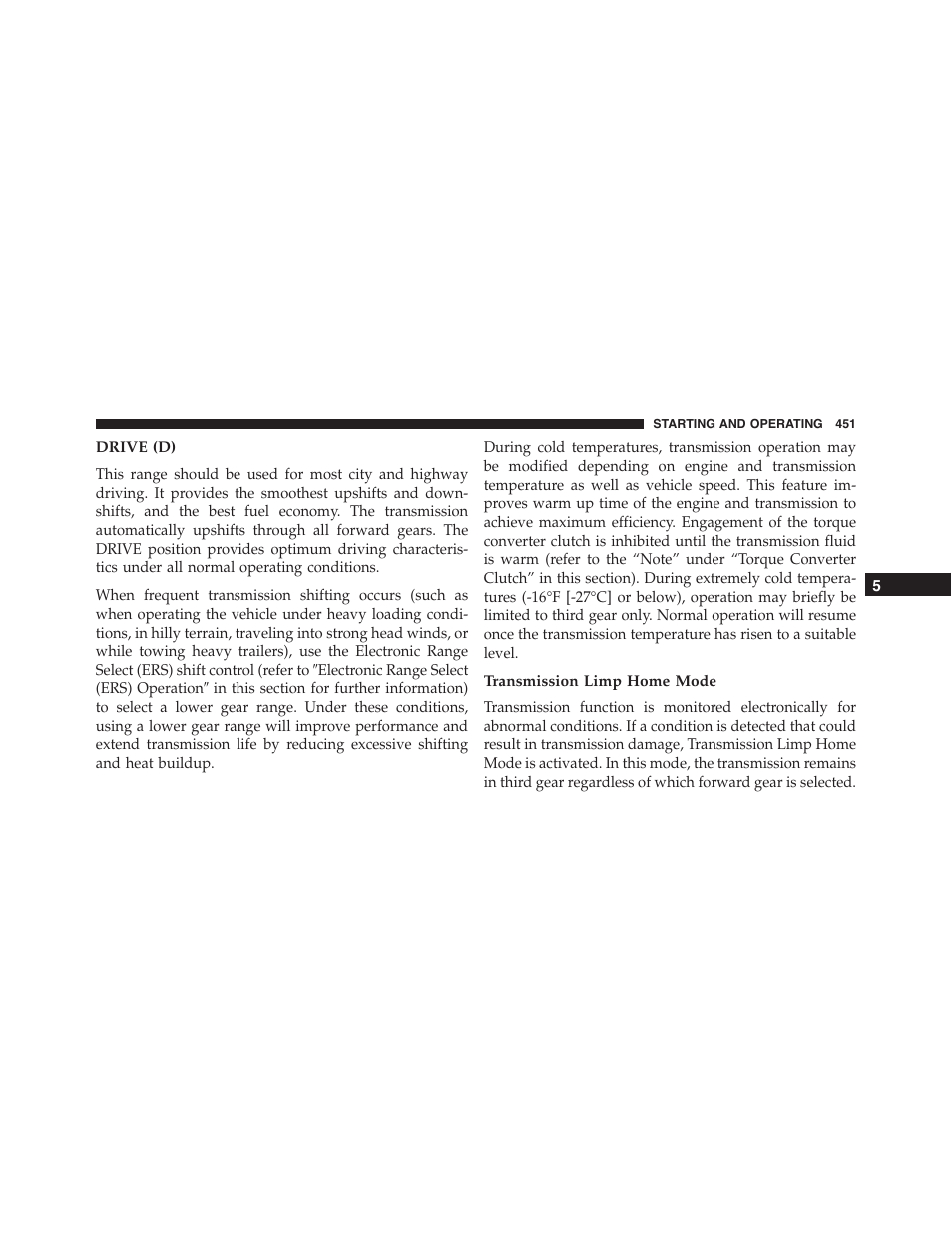 Drive (d), Transmission limp home mode | Ram Trucks 2015 Cargo Van Commercial - Owner Manual User Manual | Page 453 / 671