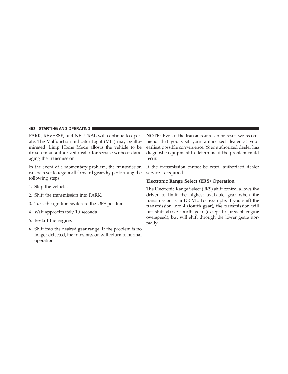 Electronic range select (ers) operation | Ram Trucks 2015 Cargo Van Commercial - Owner Manual User Manual | Page 454 / 671