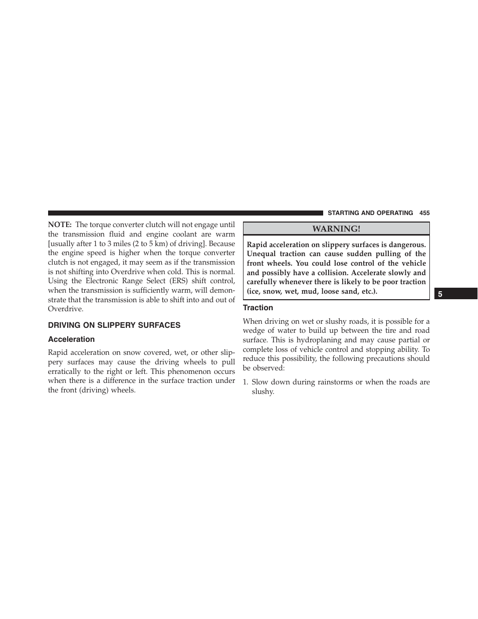 Driving on slippery surfaces, Acceleration, Traction | Ram Trucks 2015 Cargo Van Commercial - Owner Manual User Manual | Page 457 / 671