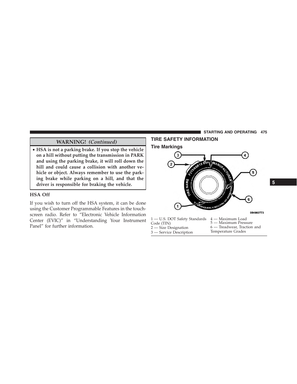Hsa off, Tire safety information, Tire markings | Ram Trucks 2015 Cargo Van Commercial - Owner Manual User Manual | Page 477 / 671