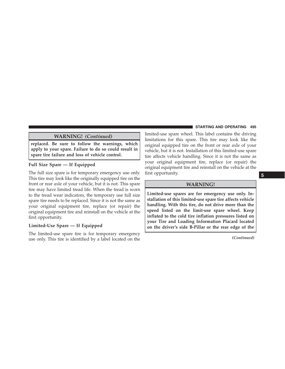 Full size spare — if equipped, Limited-use spare — if equipped | Ram Trucks 2015 Cargo Van Commercial - Owner Manual User Manual | Page 497 / 671