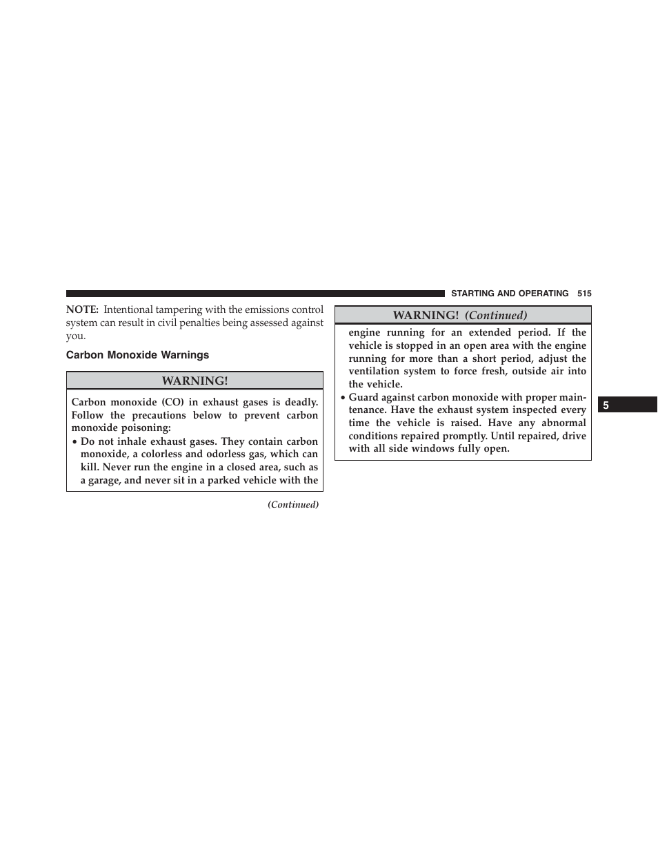 Carbon monoxide warnings | Ram Trucks 2015 Cargo Van Commercial - Owner Manual User Manual | Page 517 / 671