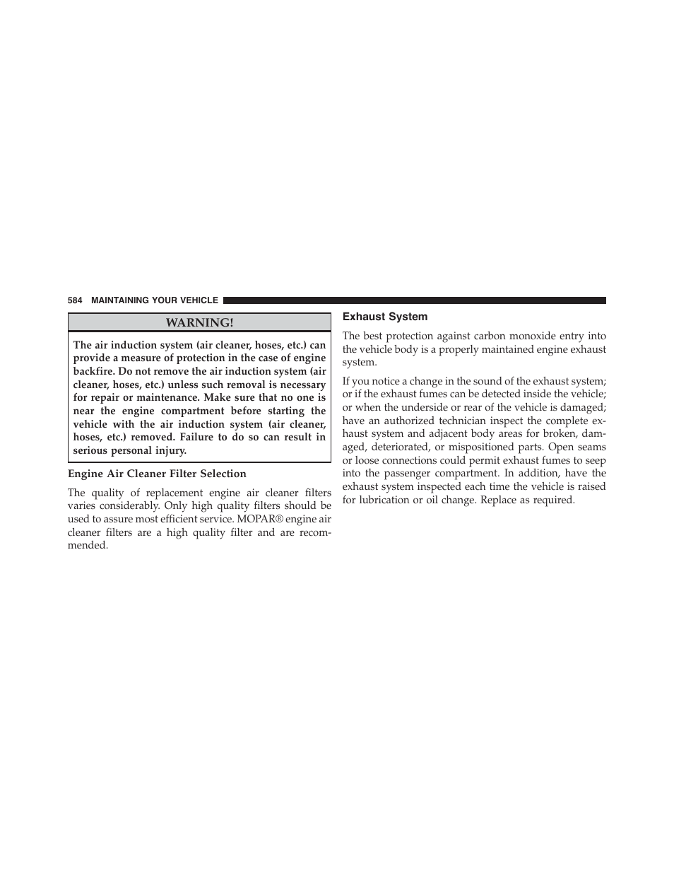 Engine air cleaner filter selection, Exhaust system | Ram Trucks 2015 Cargo Van Commercial - Owner Manual User Manual | Page 586 / 671