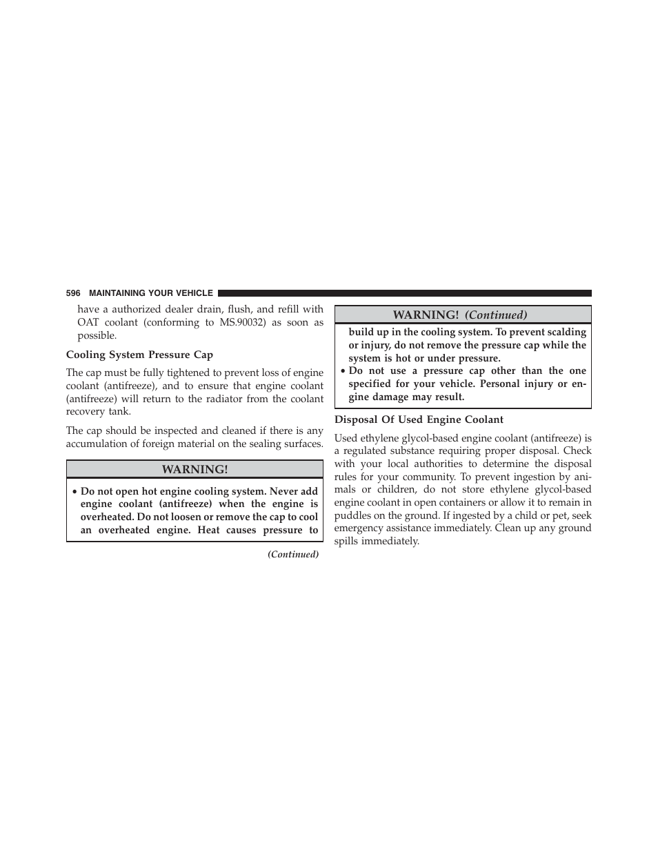 Cooling system pressure cap, Disposal of used engine coolant | Ram Trucks 2015 Cargo Van Commercial - Owner Manual User Manual | Page 598 / 671