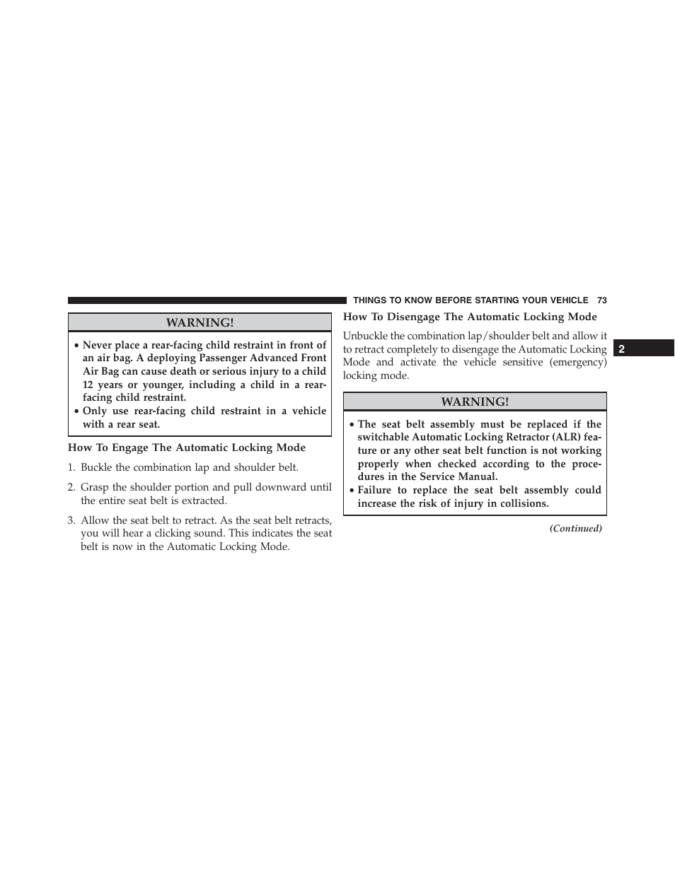 How to engage the automatic locking mode, How to disengage the automatic locking mode | Ram Trucks 2015 Cargo Van Commercial - Owner Manual User Manual | Page 75 / 671