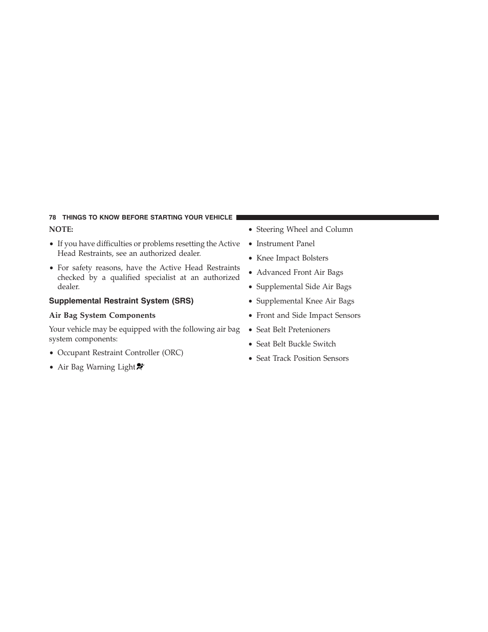 Supplemental restraint system (srs), Air bag system components | Ram Trucks 2015 Cargo Van Commercial - Owner Manual User Manual | Page 80 / 671